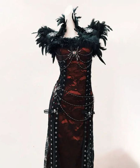 Gothic Glamour Feathered Spiderweb Lace Maxi Dress - Ultimate Halloween & Dark Romance Statement