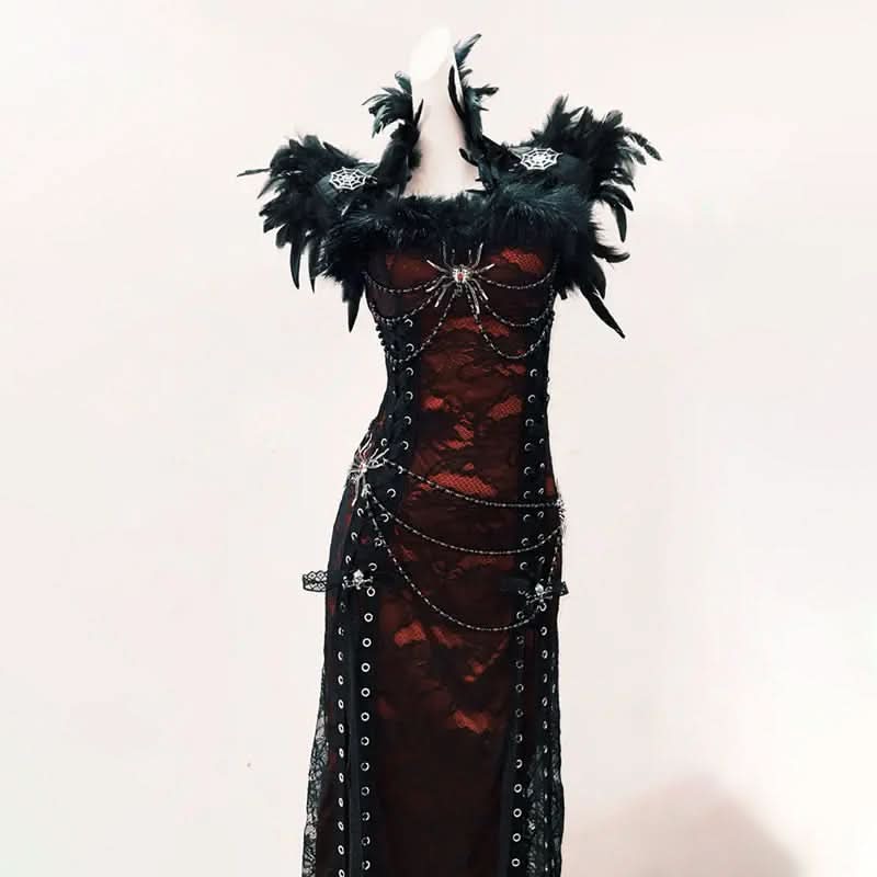 Gothic Glamour Feathered Spiderweb Lace Maxi Dress - Ultimate Halloween & Dark Romance Statement