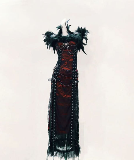 Gothic Glamour Feathered Spiderweb Lace Maxi Dress - Ultimate Halloween & Dark Romance Statement