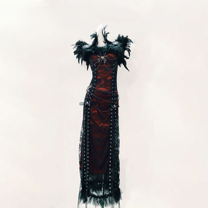 Gothic Glamour Feathered Spiderweb Lace Maxi Dress - Ultimate Halloween & Dark Romance Statement