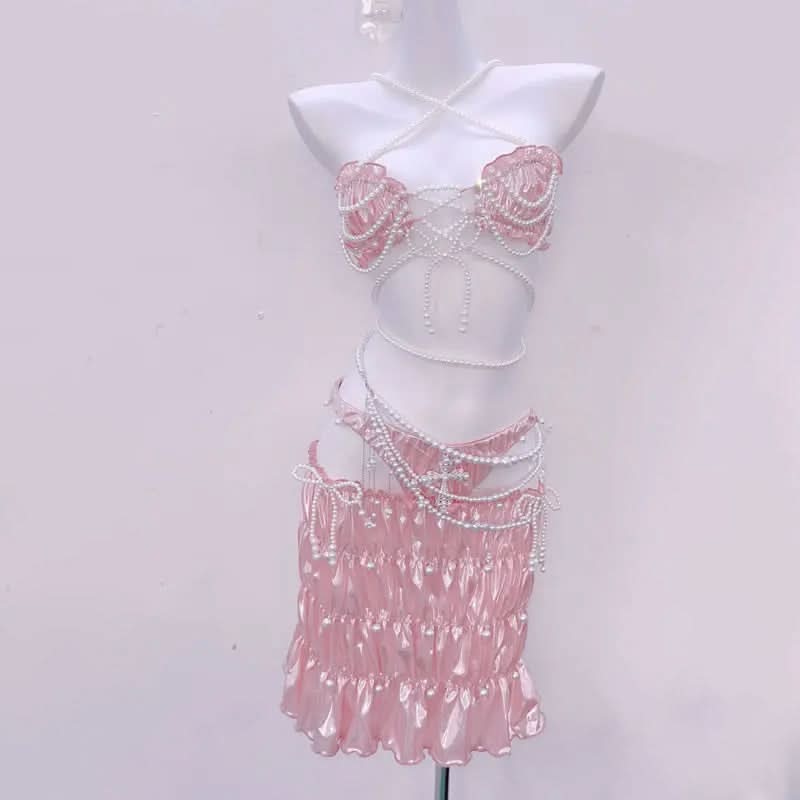 Iridescent Pink Pearl Halter Mini Skirt Set – Dazzling Coquette & Halloween Party Glam