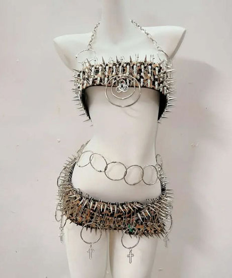 Untamed Edge Spiked Leopard Halter Top & Mini Skirt Set – Halloween Rave & Festival Ready