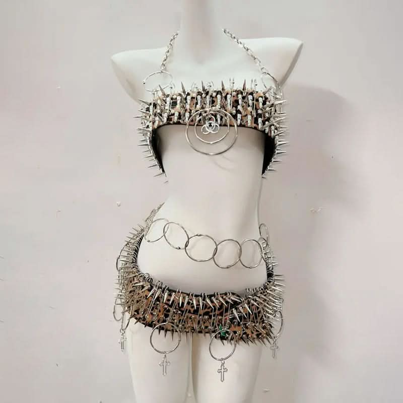 Untamed Edge Spiked Leopard Halter Top & Mini Skirt Set – Halloween Rave & Festival Ready