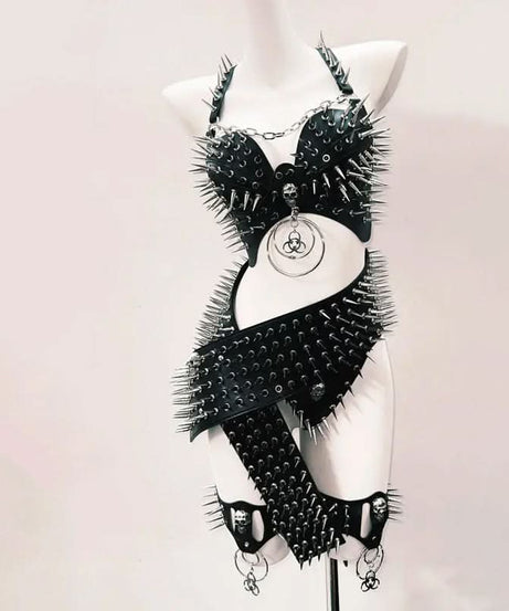 Fierce Spiked Faux Leather Bodysuit - Ultimate Halloween Rave & Goth Clubwear for Women