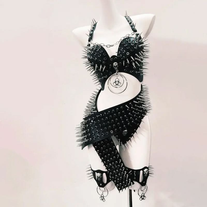 Fierce Spiked Faux Leather Bodysuit - Ultimate Halloween Rave & Goth Clubwear for Women