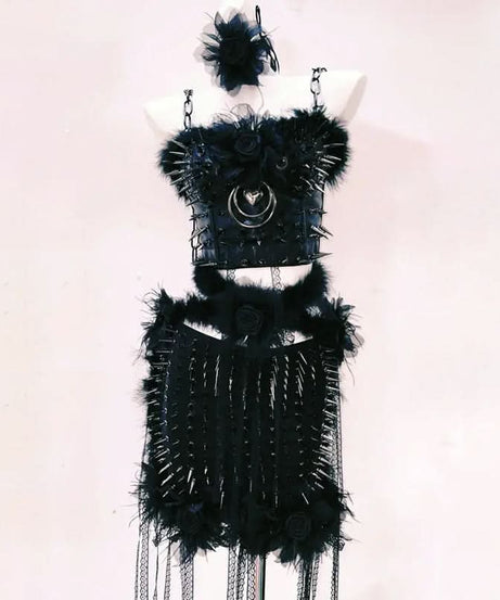 Spiked Feather Rebel Heart Two-Piece Set | Edgy Gothic Rave Clubwear & Halloween Statement