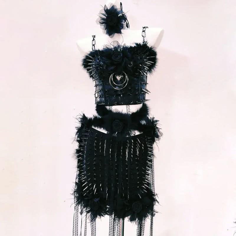 Spiked Feather Rebel Heart Two-Piece Set | Edgy Gothic Rave Clubwear & Halloween Statement