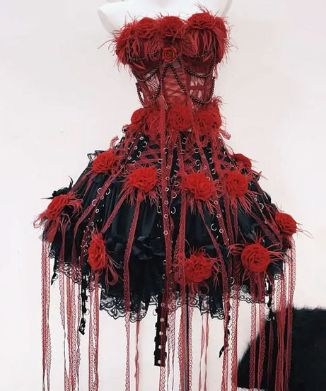 Gothic Glamour Feathered Rose Corset Mini Dress - Perfect for Halloween & Dark Romance