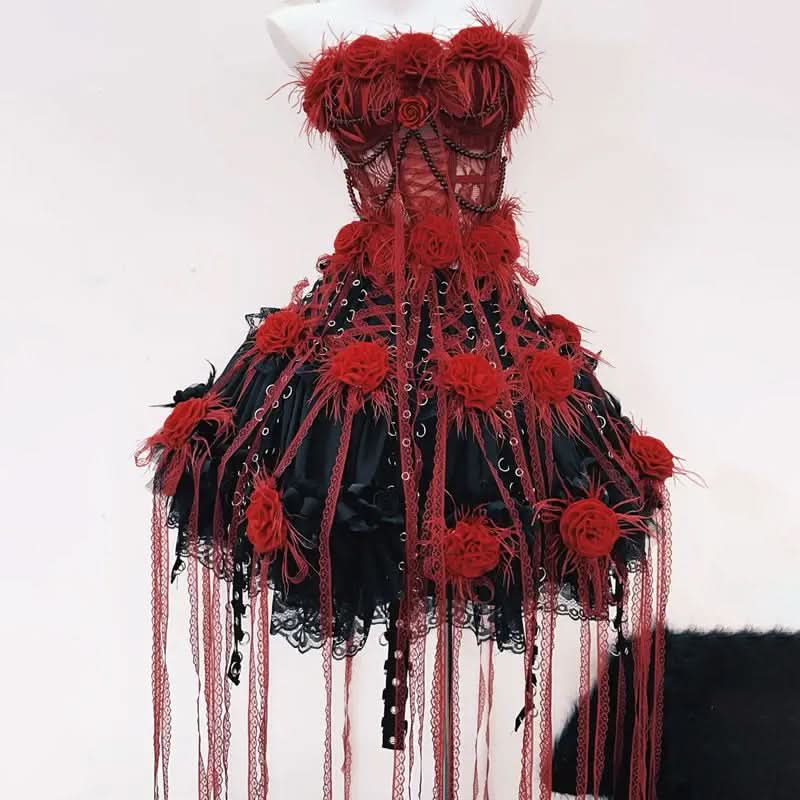 Gothic Glamour Feathered Rose Corset Mini Dress - Perfect for Halloween & Dark Romance