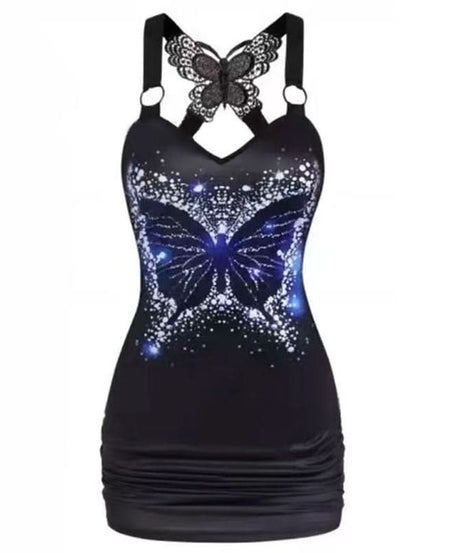 Fall Glamour: Black Butterfly Print Mini Dress - Chic V-Neck Cami with Statement Lace Back