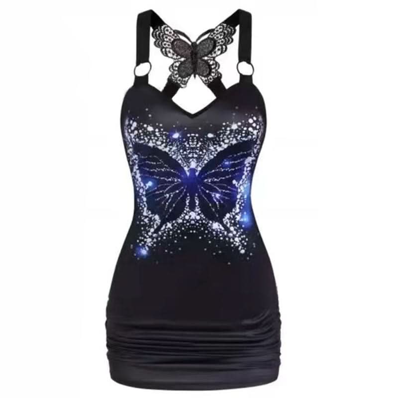 Fall Glamour: Black Butterfly Print Mini Dress - Chic V-Neck Cami with Statement Lace Back