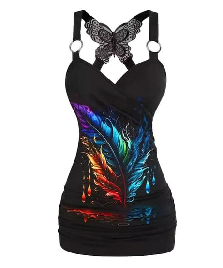 Fall Glamour: Black Butterfly Print Mini Dress - Chic V-Neck Cami with Statement Lace Back