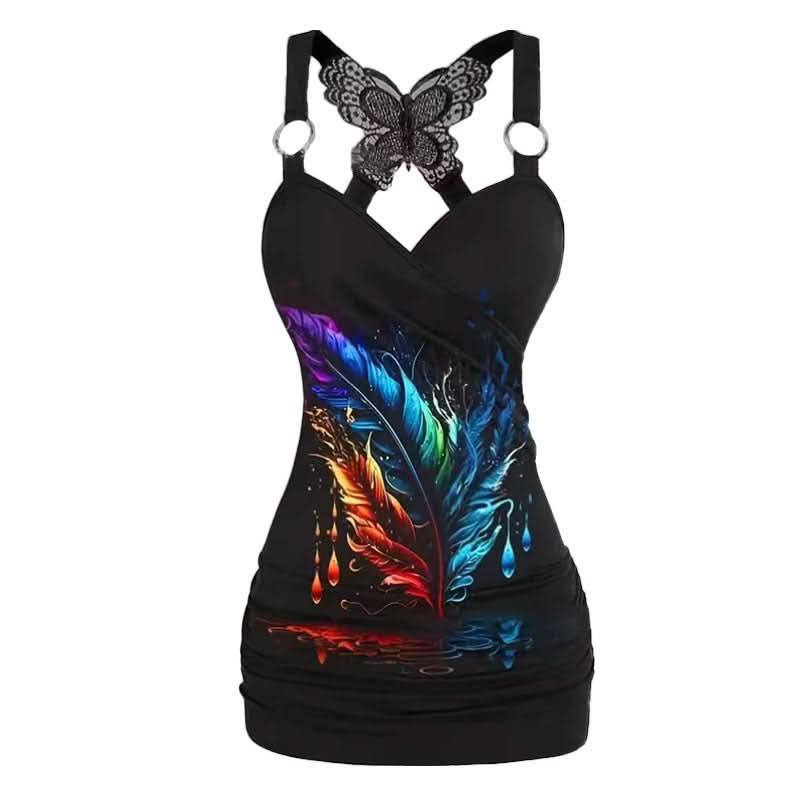 Fall Glamour: Black Butterfly Print Mini Dress - Chic V-Neck Cami with Statement Lace Back