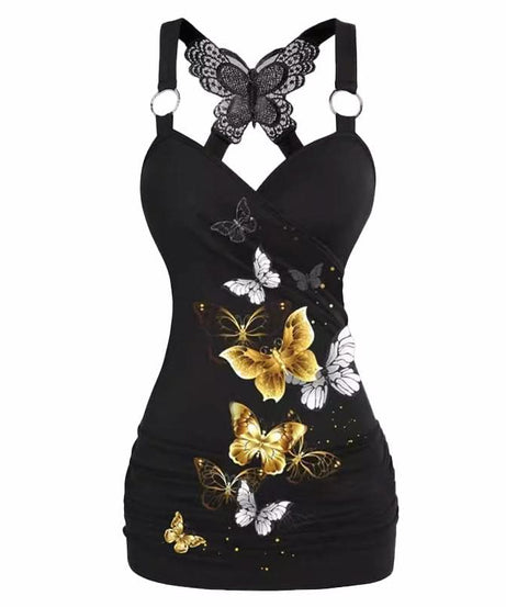 Fall Glamour: Black Butterfly Print Mini Dress - Chic V-Neck Cami with Statement Lace Back