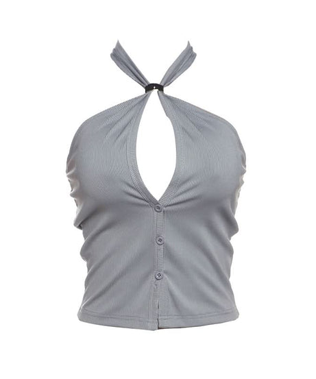 Chic Ribbed Halter Top | Keyhole Button Front Crop | Y2K Fall Style