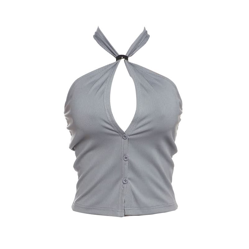 Chic Ribbed Halter Top | Keyhole Button Front Crop | Y2K Fall Style