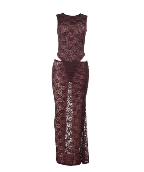 Sultry Fall Nights: Deep Burgundy Lace Cutout Bodysuit & Maxi Skirt Set