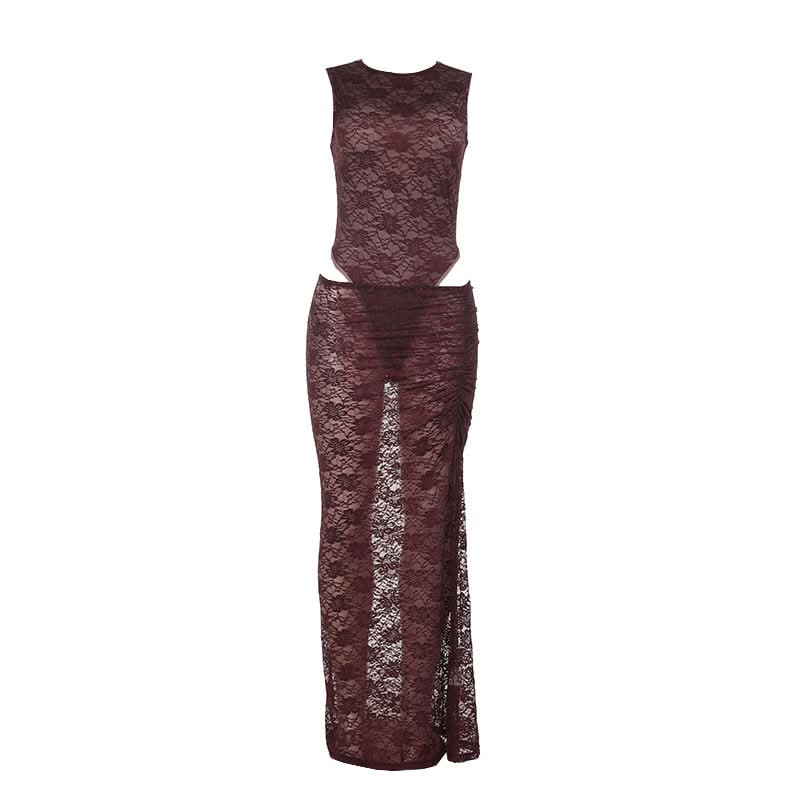 Sultry Fall Nights: Deep Burgundy Lace Cutout Bodysuit & Maxi Skirt Set