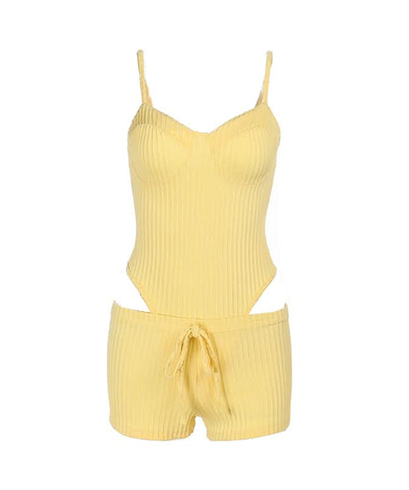 Buttery Soft Ribbed Knit Cami & Shorts Lounge Set - Yellow Comfort for Fall Cozy & Warm Getaways