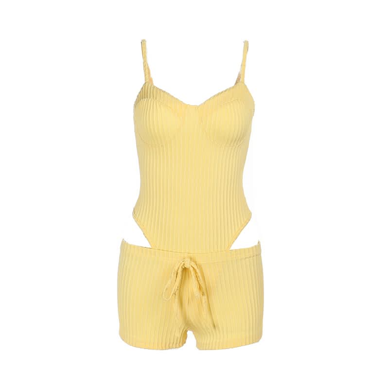Buttery Soft Ribbed Knit Cami & Shorts Lounge Set - Yellow Comfort for Fall Cozy & Warm Getaways