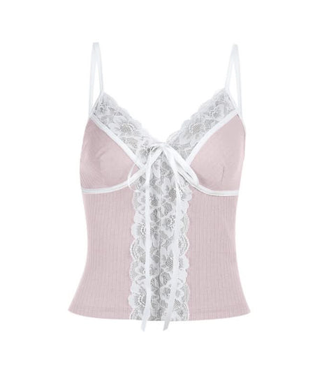 Effortless Chic Ribbed Knit Lace Cami Top with Self-Tie V-Neck - Versatile Fall Layering