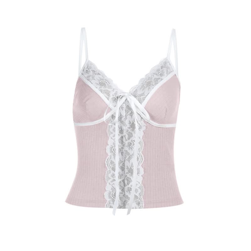 Effortless Chic Ribbed Knit Lace Cami Top with Self-Tie V-Neck - Versatile Fall Layering