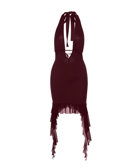 Siren's Call: Black Halter Lace-Up Deep V Mini Dress with Dramatic Ruffle Hem – Your Ultimate Fall Party & NYE Statement