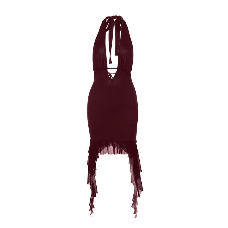 Siren's Call: Black Halter Lace-Up Deep V Mini Dress with Dramatic Ruffle Hem – Your Ultimate Fall Party & NYE Statement