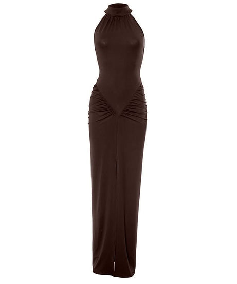Crimson Halter Neck Ruched Slit Maxi Dress - Fall & Holiday Glamour