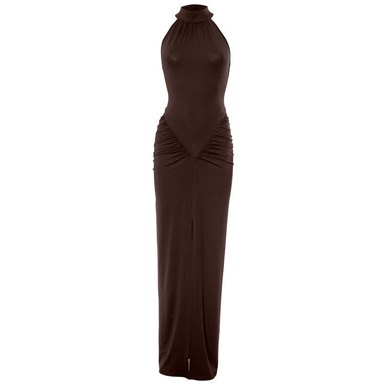 Crimson Halter Neck Ruched Slit Maxi Dress - Fall & Holiday Glamour