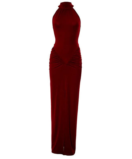 Crimson Halter Neck Ruched Slit Maxi Dress - Fall & Holiday Glamour