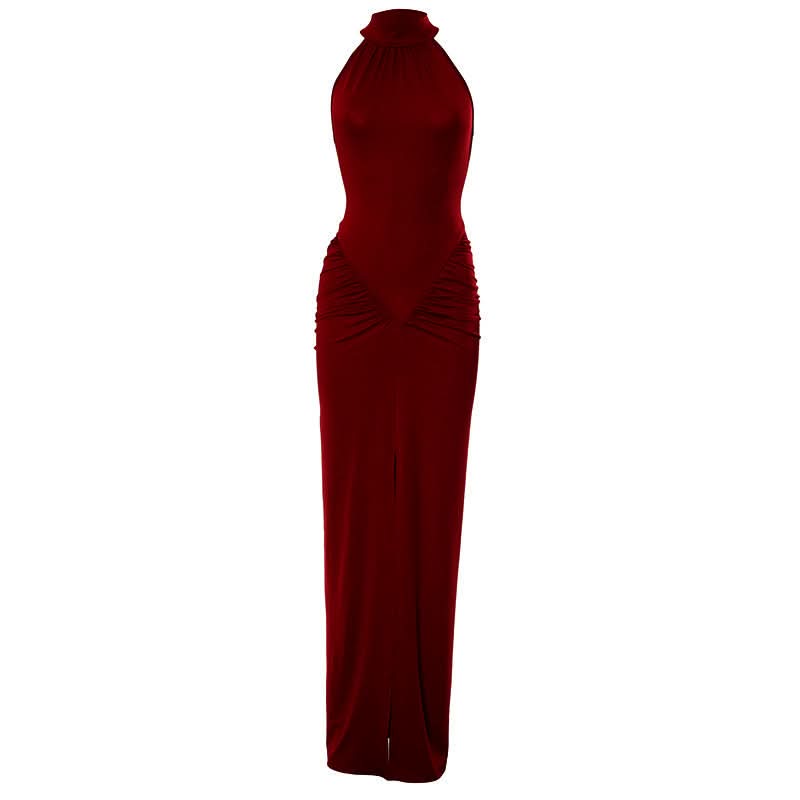 Crimson Halter Neck Ruched Slit Maxi Dress - Fall & Holiday Glamour