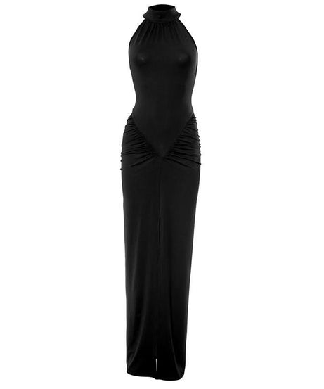 Crimson Halter Neck Ruched Slit Maxi Dress - Fall & Holiday Glamour