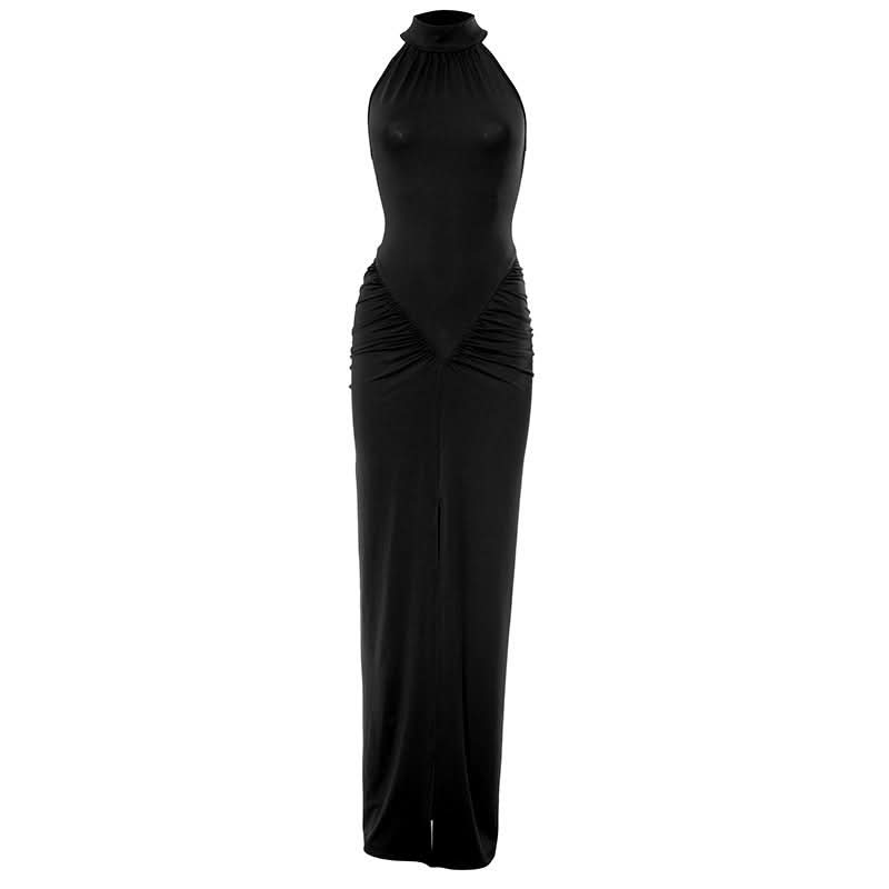 Crimson Halter Neck Ruched Slit Maxi Dress - Fall & Holiday Glamour