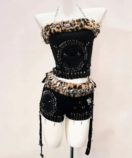 Rebel Heart Leopard & Skull Safety Pin Halter Top & Shorts Set - Ultimate Halloween & Festival Outfit