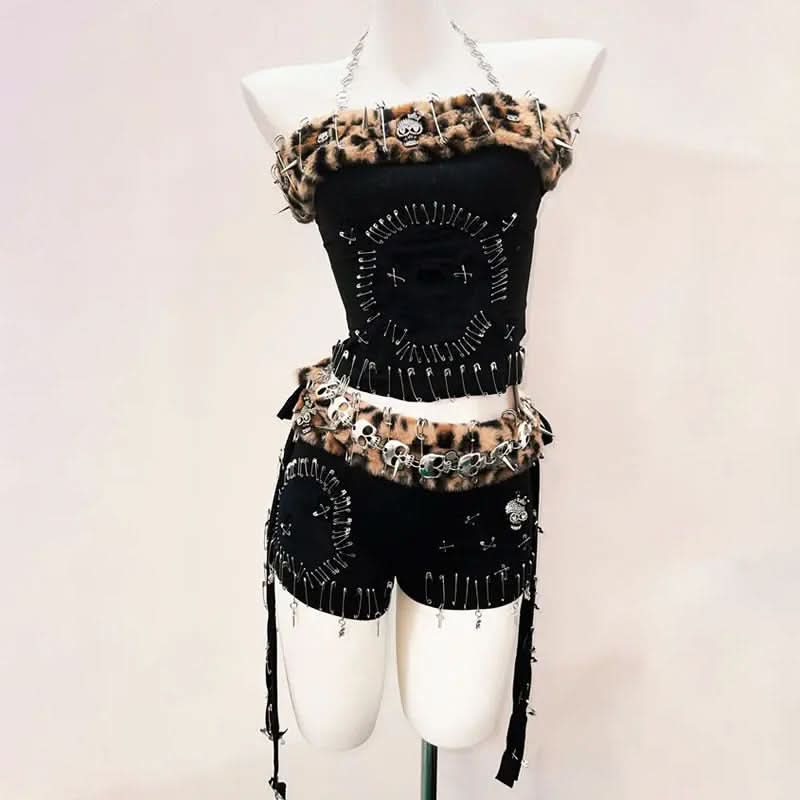 Rebel Heart Leopard & Skull Safety Pin Halter Top & Shorts Set - Ultimate Halloween & Festival Outfit