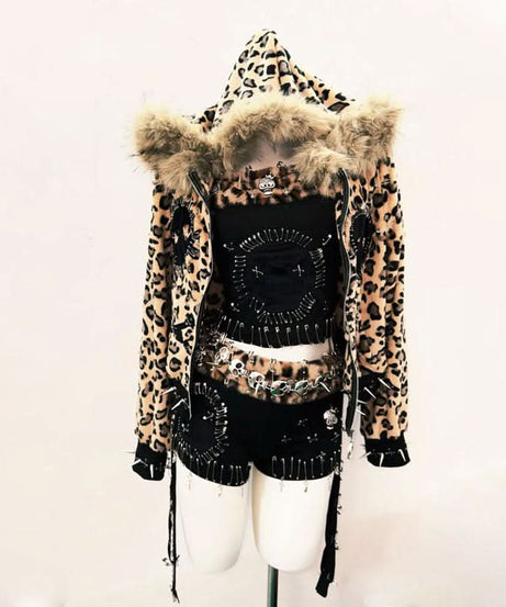 Rebel Heart Leopard & Skull Safety Pin Halter Top & Shorts Set - Ultimate Halloween & Festival Outfit