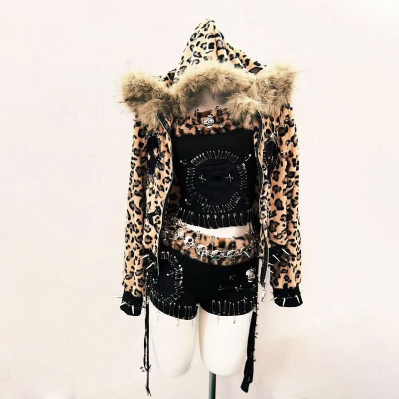 Rebel Heart Leopard & Skull Safety Pin Halter Top & Shorts Set - Ultimate Halloween & Festival Outfit