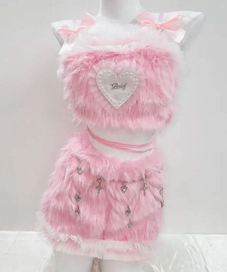 Plush Pink Coquette Crop Top & Charm Mini Skirt Set - Y2K Halloween & Rave Ready!
