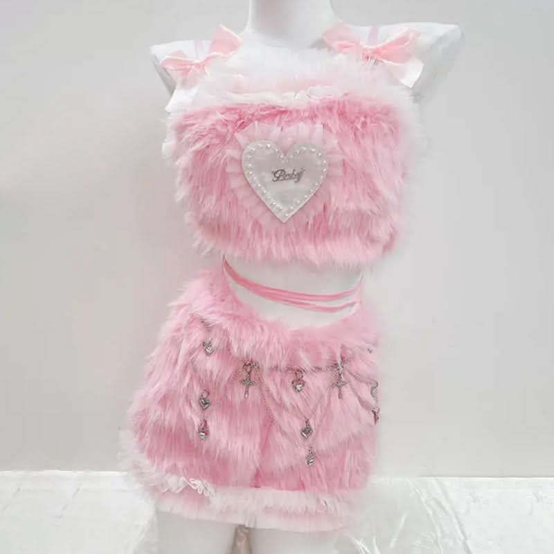 Plush Pink Coquette Crop Top & Charm Mini Skirt Set - Y2K Halloween & Rave Ready!
