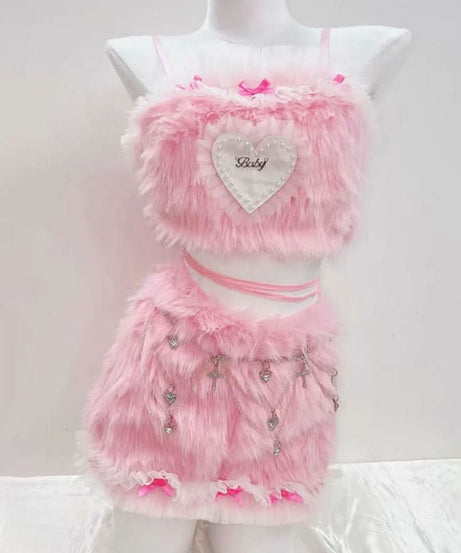 Plush Pink Coquette Crop Top & Charm Mini Skirt Set - Y2K Halloween & Rave Ready!