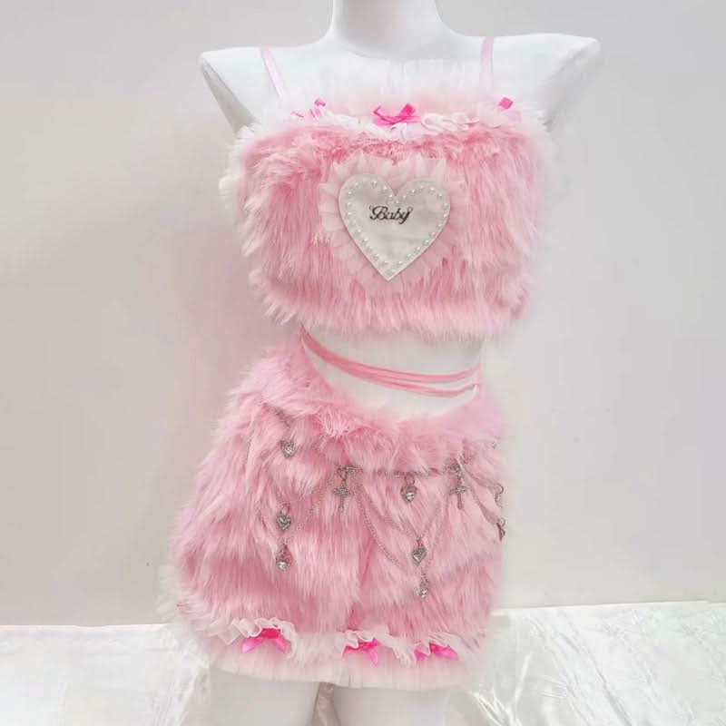 Plush Pink Coquette Crop Top & Charm Mini Skirt Set - Y2K Halloween & Rave Ready!