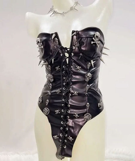 Fierce Spiked Skull Faux Leather Bodysuit – Edgy Lace-Up Goth Punk Clubwear & Halloween