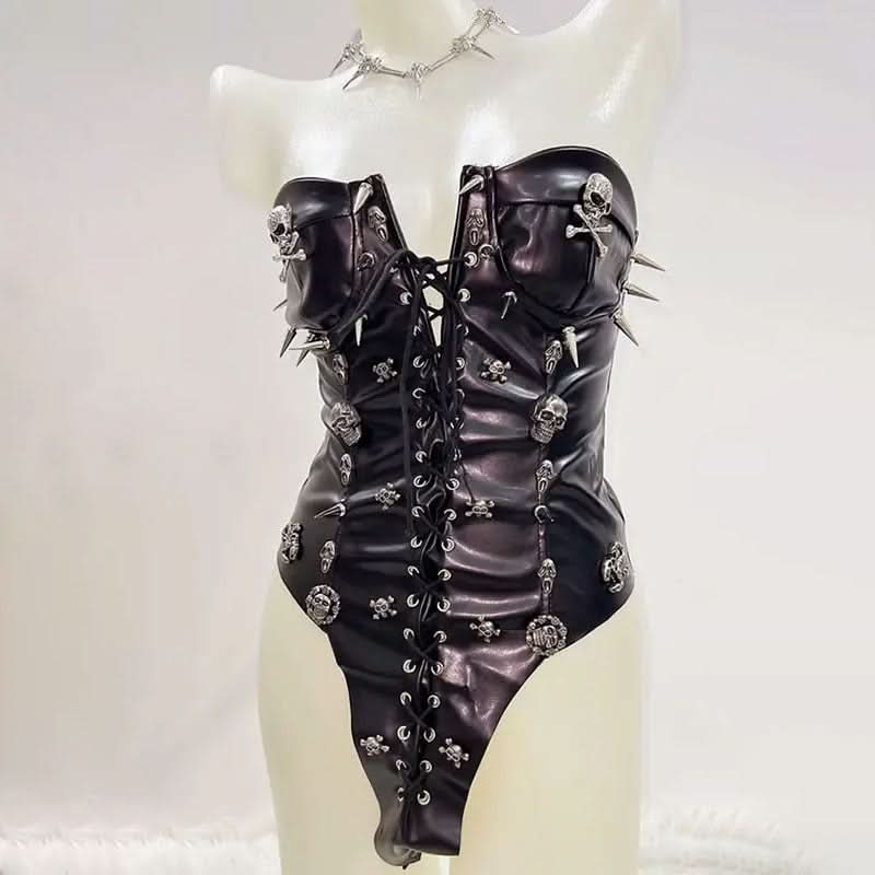 Fierce Spiked Skull Faux Leather Bodysuit – Edgy Lace-Up Goth Punk Clubwear & Halloween