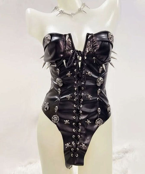 Fierce Spiked Skull Faux Leather Bodysuit – Edgy Lace-Up Goth Punk Clubwear & Halloween