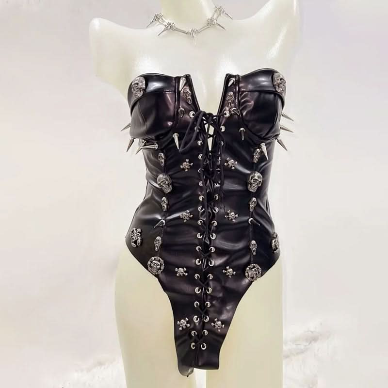 Fierce Spiked Skull Faux Leather Bodysuit – Edgy Lace-Up Goth Punk Clubwear & Halloween