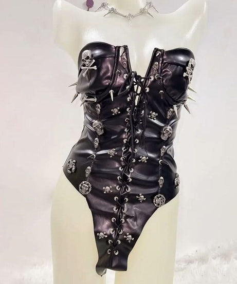 Fierce Spiked Skull Faux Leather Bodysuit – Edgy Lace-Up Goth Punk Clubwear & Halloween