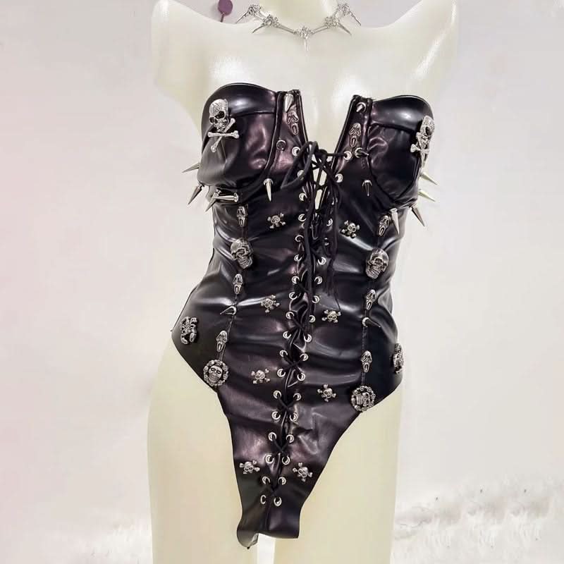 Fierce Spiked Skull Faux Leather Bodysuit – Edgy Lace-Up Goth Punk Clubwear & Halloween