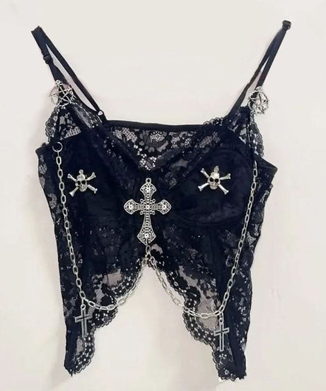 Haunted Heart Black Lace Cami Top - Gothic Skull & Cross Chains for Spooky Season Style