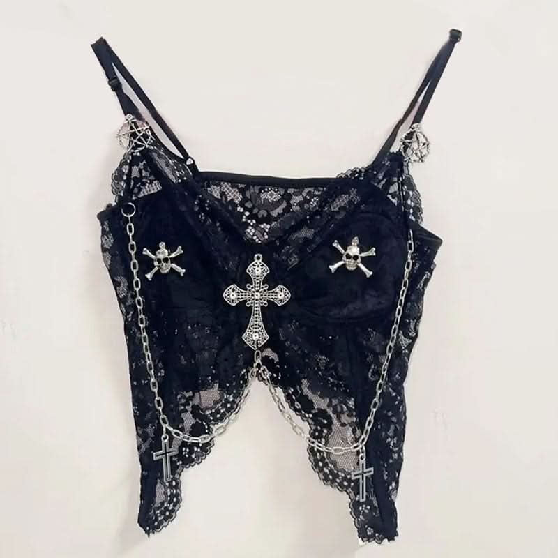 Haunted Heart Black Lace Cami Top - Gothic Skull & Cross Chains for Spooky Season Style